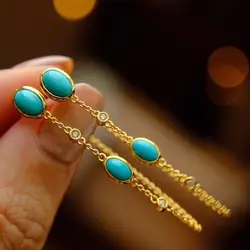 New original Turquoise long Tassel earrings for women Chinese style retro unique ancient gold craft light luxury Christmas gift