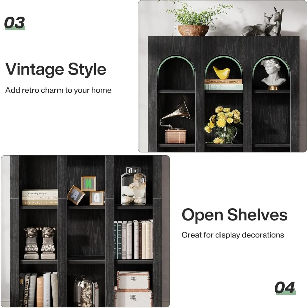 رف كتب مقوس حديث من 5 طبقات من منتصف القرن، خزانة كتب مفتوحة على الطراز القوطي بطول 70.87 بوصة للمكتبة المنزلية