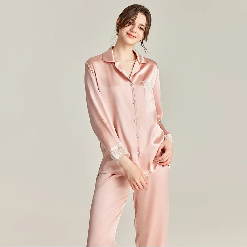 

22MM 100% Real Silk Pajama Loungewear Lace Trim Lapel Sleepwear Pyjamas Set Solid Color Long Sleeve Button Pajamas for Women PJS