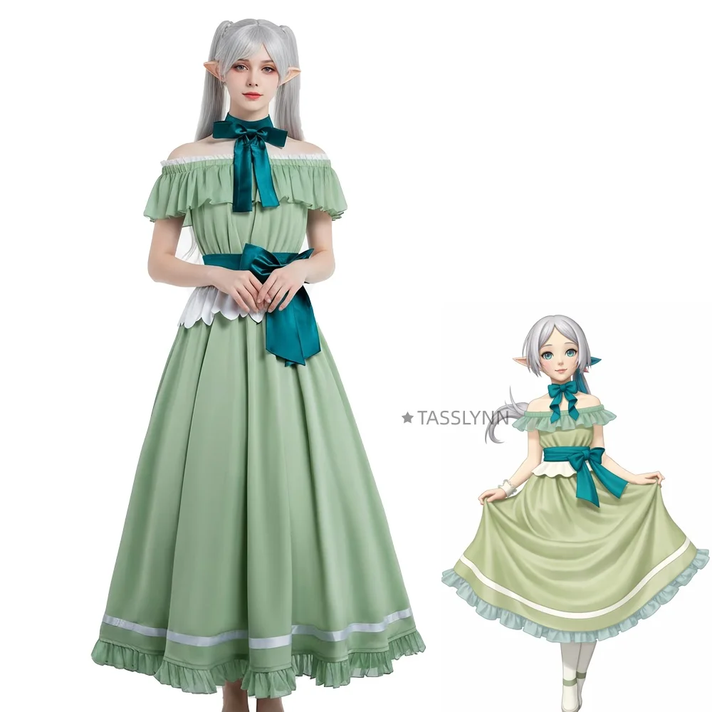 

Frieren Cosplay Costume Green Off-Shoulder Dress with Teal Bows Anime Frieren Elf Outfit for Halloween & Conventions