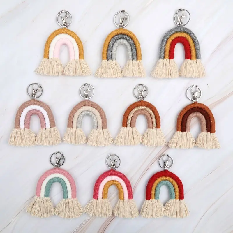 Weaving Rainbow Keychains for Women Boho Handmade Key Holder Keyring Macrame Bag Charm Car Hanging Jewelry Gifts