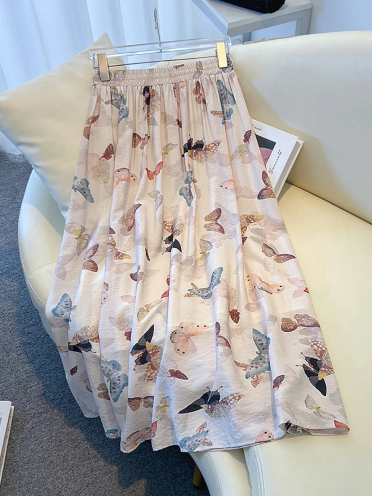 

Summer High Waist A-Line Midi Skirt Women's Cotton Linen Fabric Drapey Print Skirt Ele Long Skirts for Office