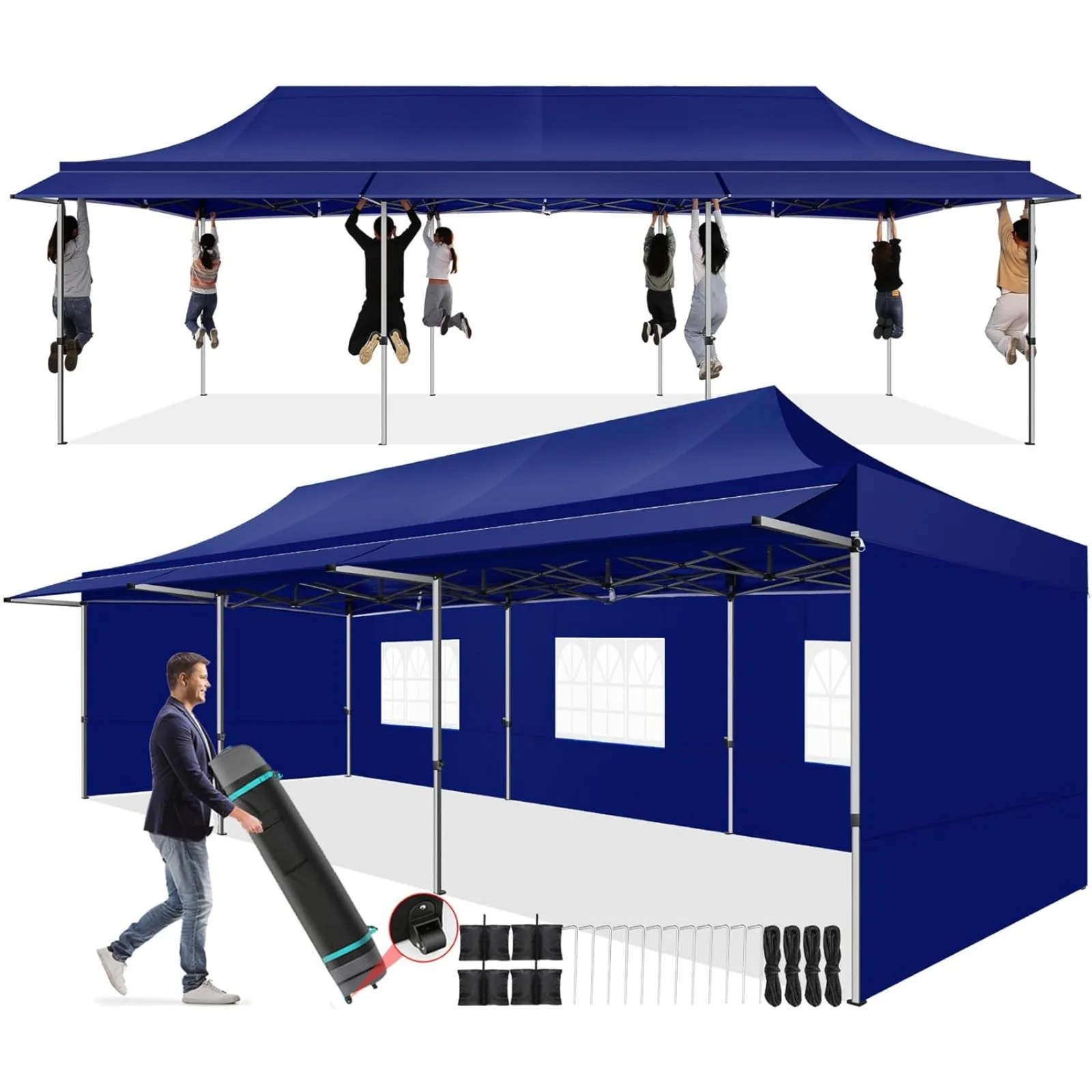 

US 10x30 Pop Up Canopy Tent with Awning,Heavy Duty Canopy UPF 50+ All Season Wind Waterproof Commercial Outdoor Street Vendors