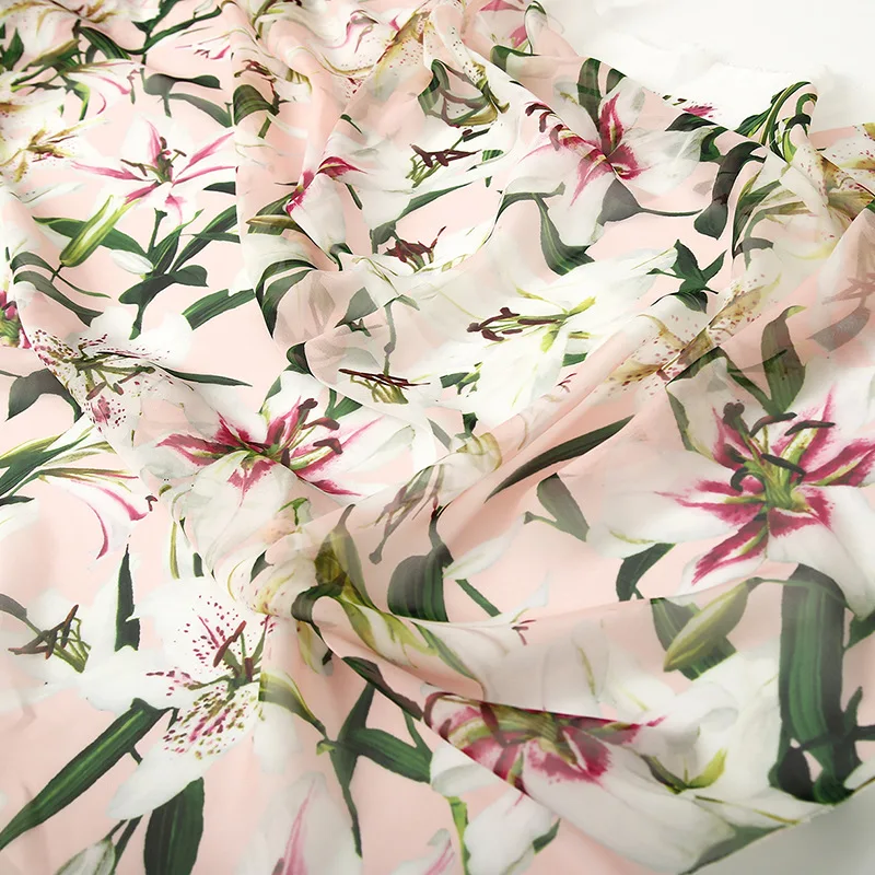 Spring and summer pink lily printed on chiffon clothing fabric textile material dress designer diy handmade light transparent