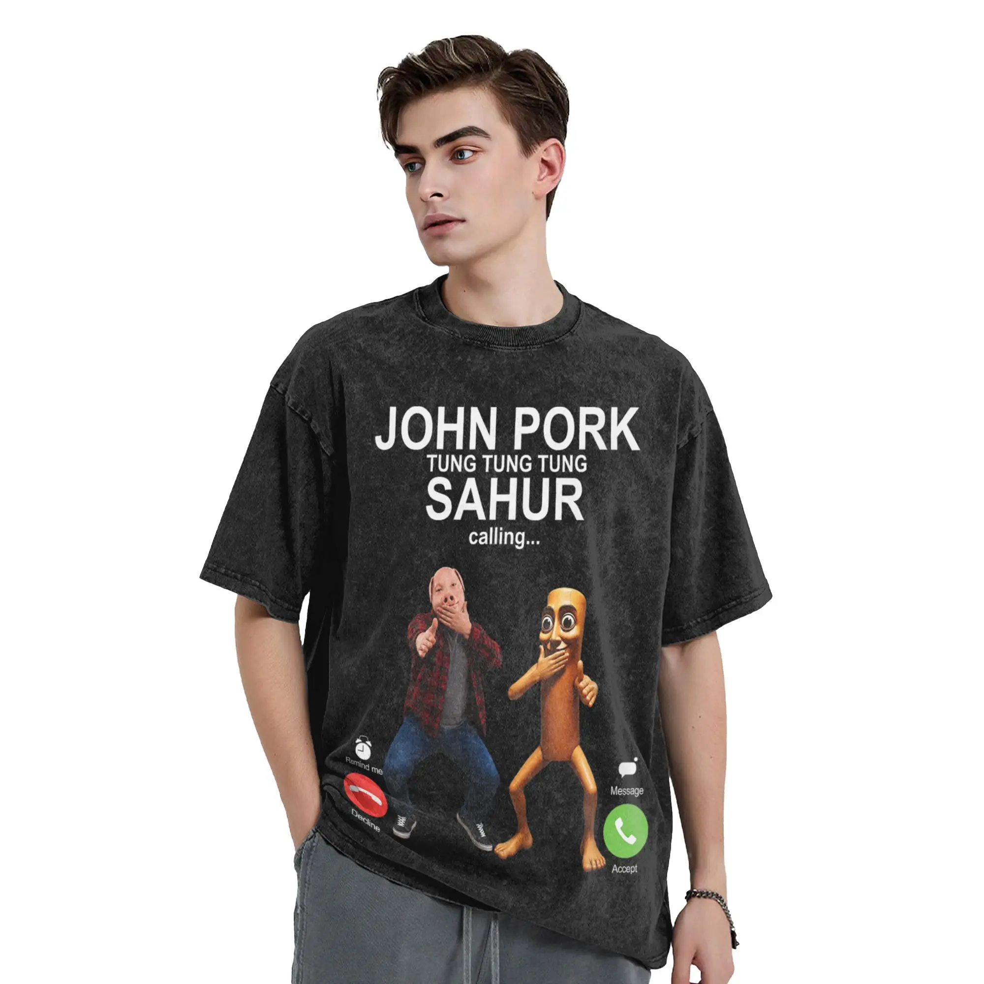 John Pork and Tung Tung Tung Sahur is Calling Scuba Dance Washed T Shirt Streetwear T-Shirts  Tees for Men Women Short Sleeve