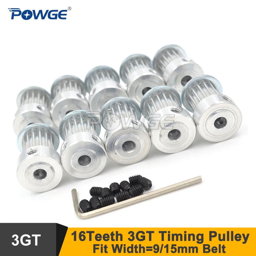 POWGE 50pcs 16 Teeth 3GT Timing Belt Pulley Bore 5/6.35/8mm Fit W=9/15mm GT3 Synchronous Belt 16T 16Teeth GT3 Pulley 16-3GT