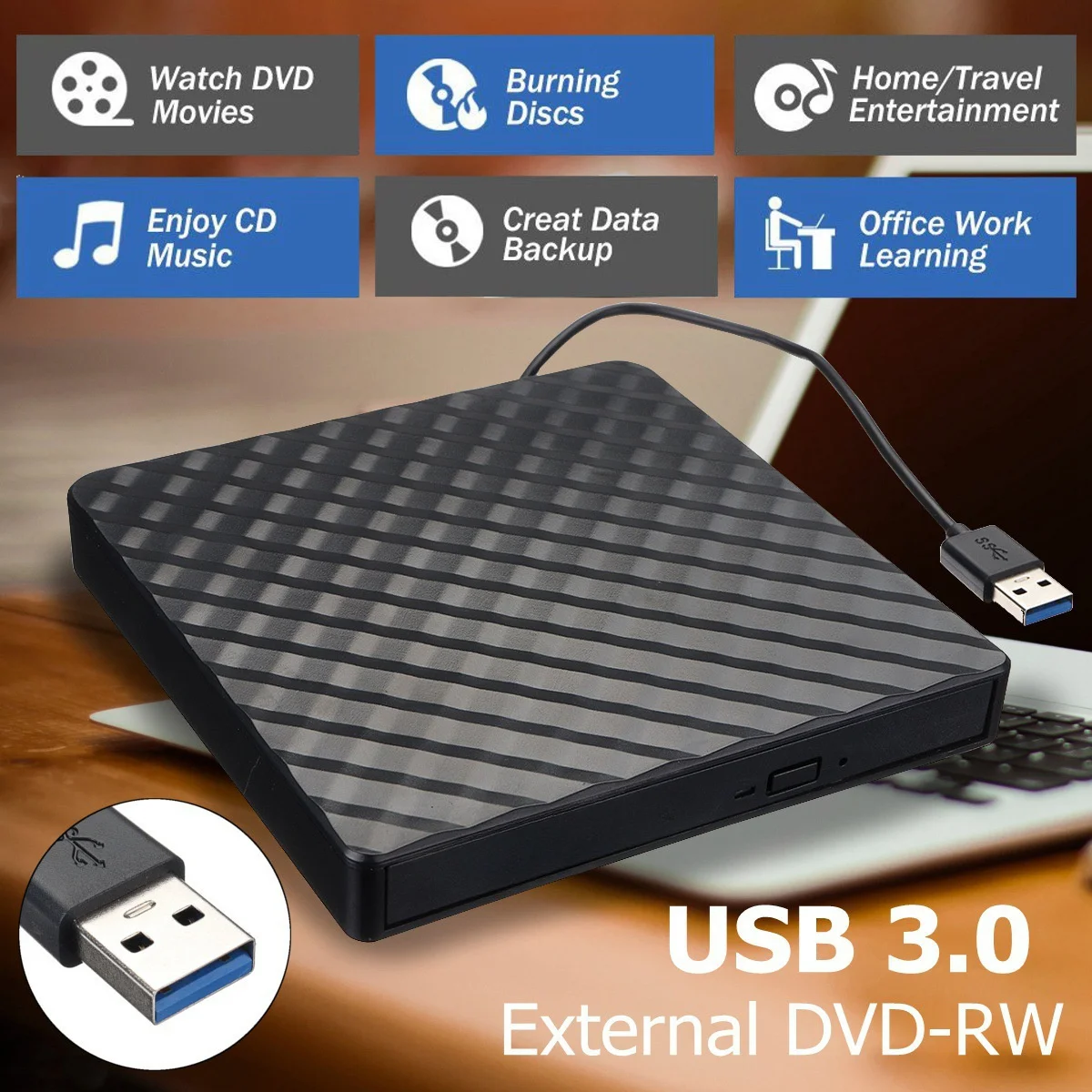 Black and White Ultra-thin External DVD RW CD Writer Drive, Burner, Reader, Portable Stereo Texture Laptop DVD Burner USB3.0