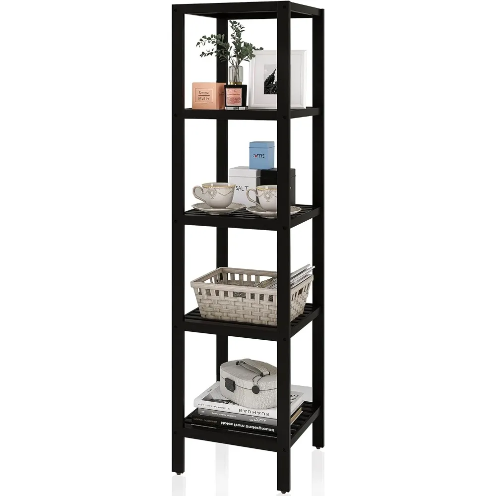 

Bathroom Storage Shelf, 5-Tier Bamboo Rack Organizer, Multifunctional Shelving Unit for Living Room Bedroom Kitchen (Black)