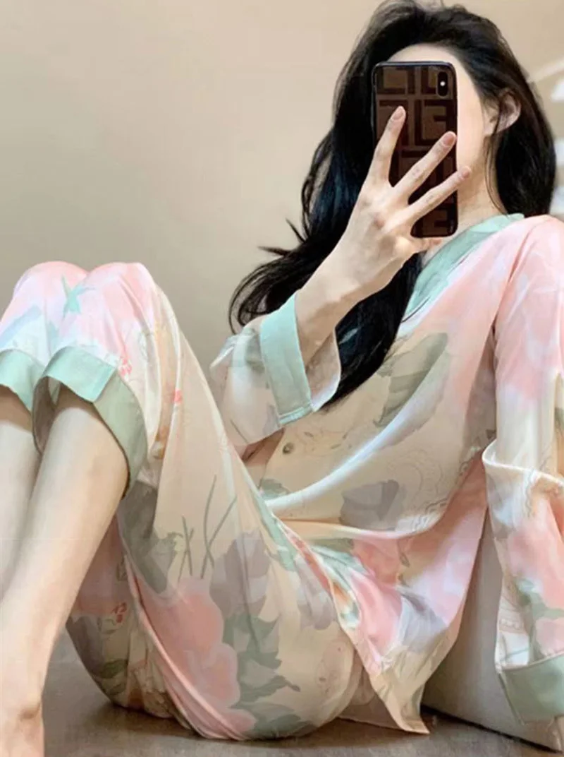 Women\'s Clothes Floral Ice Silk Pajamas Sweet Thin Section Spring Summer V-Neck Homewear Fashion Korean Simple Soft Loungewear