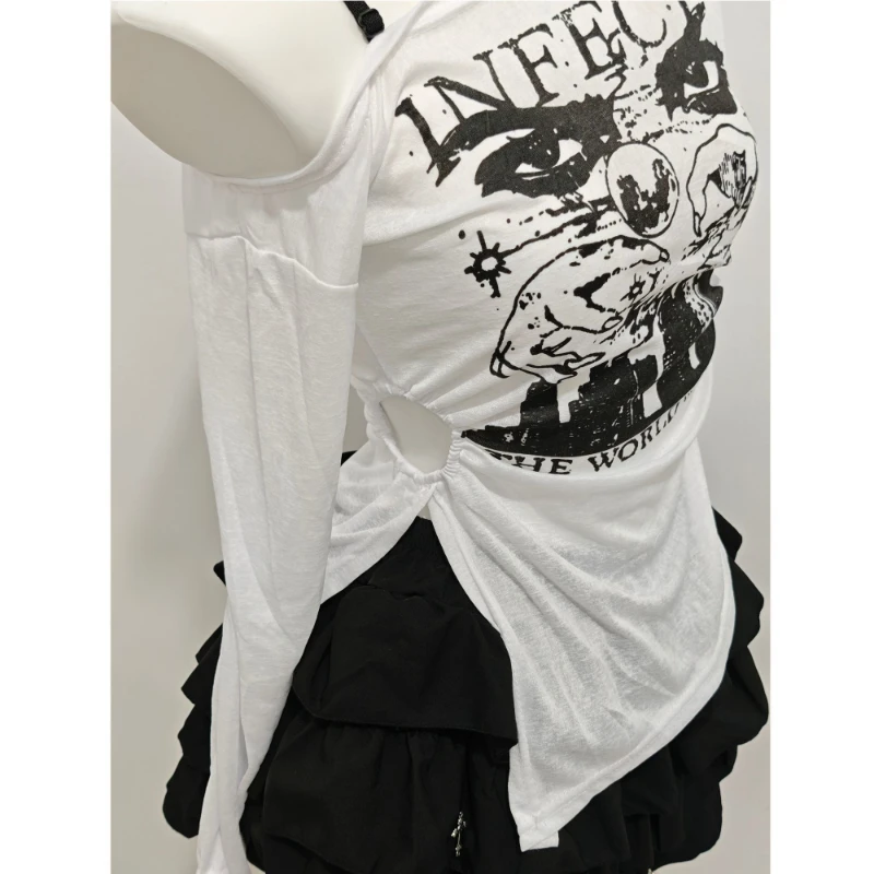 Y2k Subculture Long Sleeve Tee + Short Black Dress Two-Piece Dress Sets Women Casual Gothic Print Solid Color Letter Skew Neck