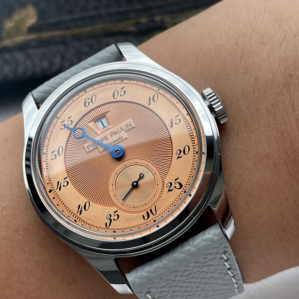 Productos al contado, nuevo reloj Pierre Paulin Jumping Hour para hombre, esfera de salmón, reloj mecánico automático St17, abertura para fecha Vintage de 38mm