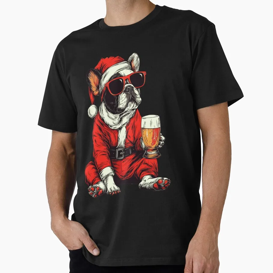 

Cool French Bulldog Santa Beer Funny Christmas Gift T Shirt for men 100% cotton printed Graphic Clothes Mens All size S-6XL Tops