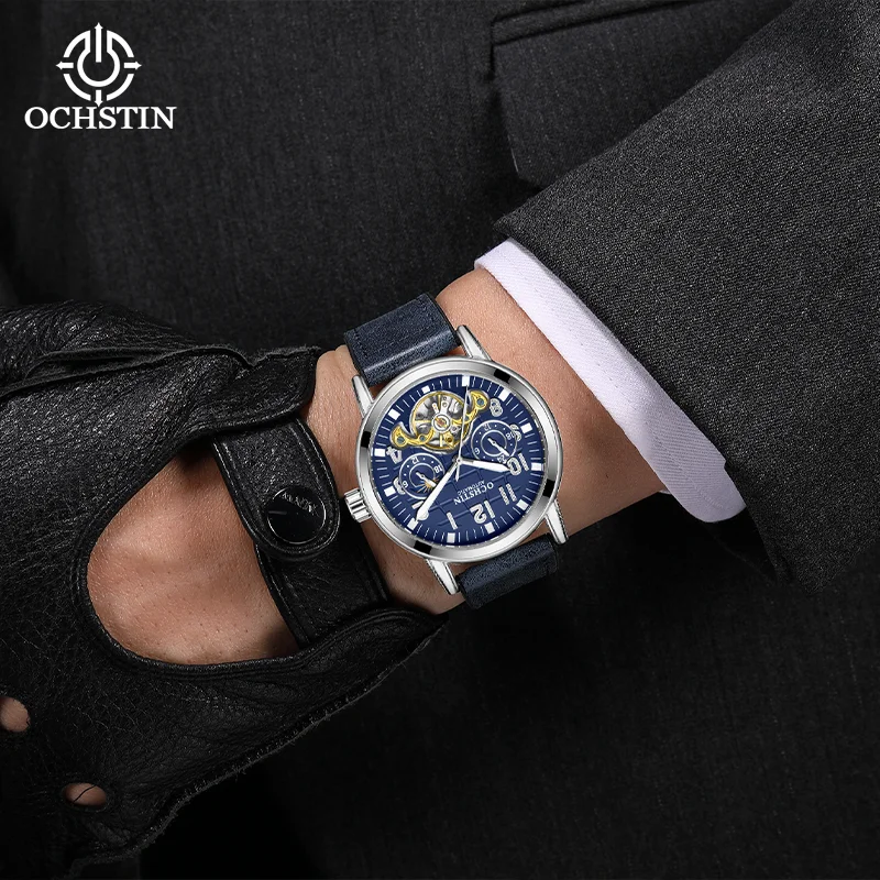 OCHSTIN Men's Magnetic Buckle Leather Tape Flywheel Hollow Machinery Watches Masterpiece Craftsmanship Series Waterproof Watch