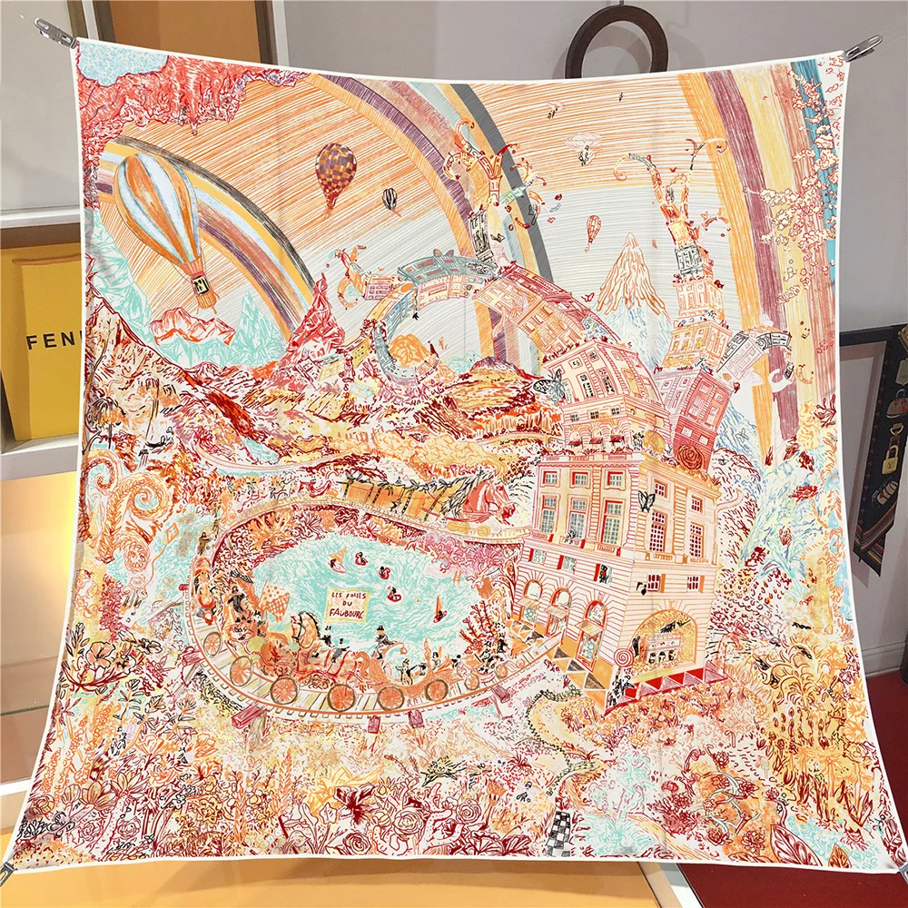 جديد 90 سنتيمتر العلامة التجارية الفاخرة ساحة وشاح المرأة حك الأوشحة الحريرية يلتف شاطئ شال الحجاب كبير باندانا Foulards منديل أغطية الرأس