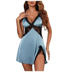 Women Babydoll Nightgown Chemises Lace Modal Sleepwear V-Neck Full Slip Sleep Dress