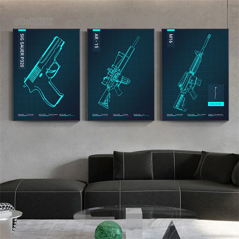 Abstract Gun Blueprint Wall Art Pictures AK47 Gun Blueprint Posters Canvas Print Painting for Modern Home Living Room Decor Gift