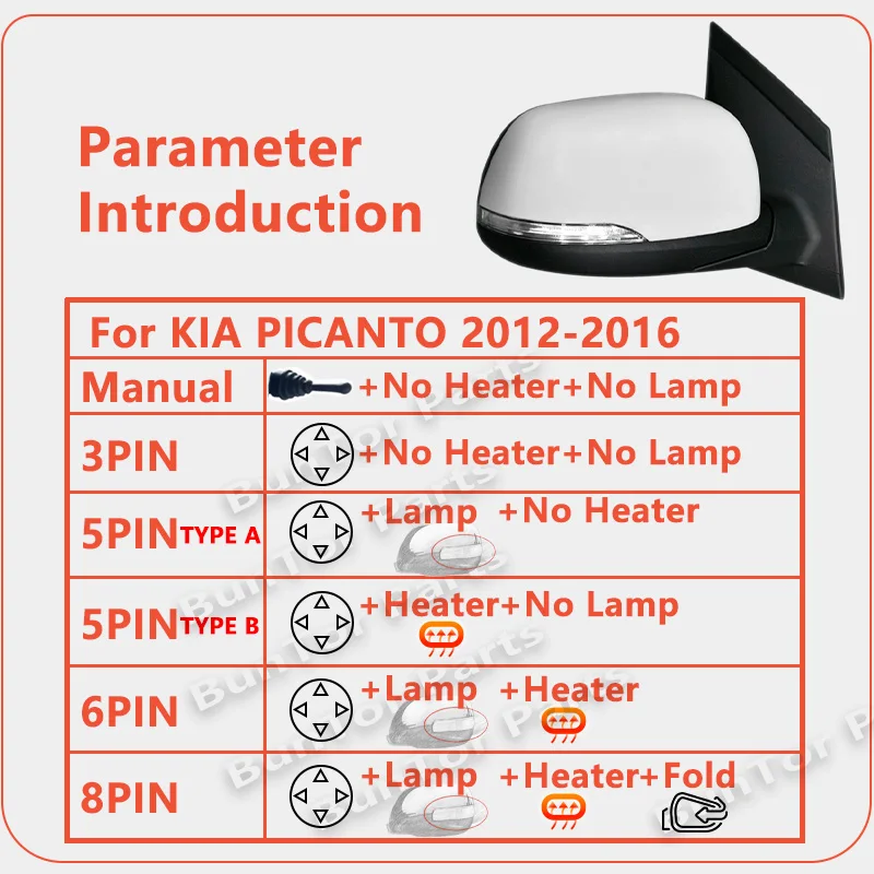 For Kia Picanto/Morning 2012 2013 2014 2015 2016 Rearview mirror Assembly  3/5/6/7/8PIN  Car Door mirror Assembly  Accessories