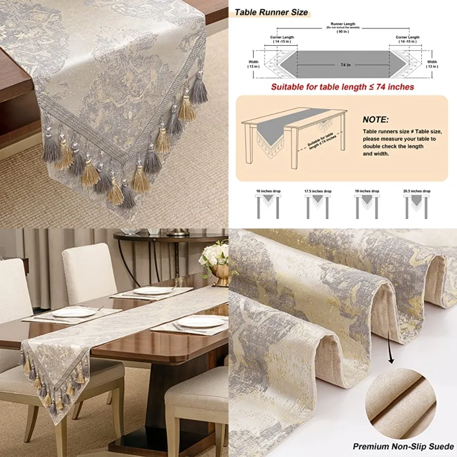 

Luxury Table Runner 90 ch Long, Elegant Damask Jacquard Table Runners with Handmade Multi-Tassels for Dg Room Dresser Party Hol