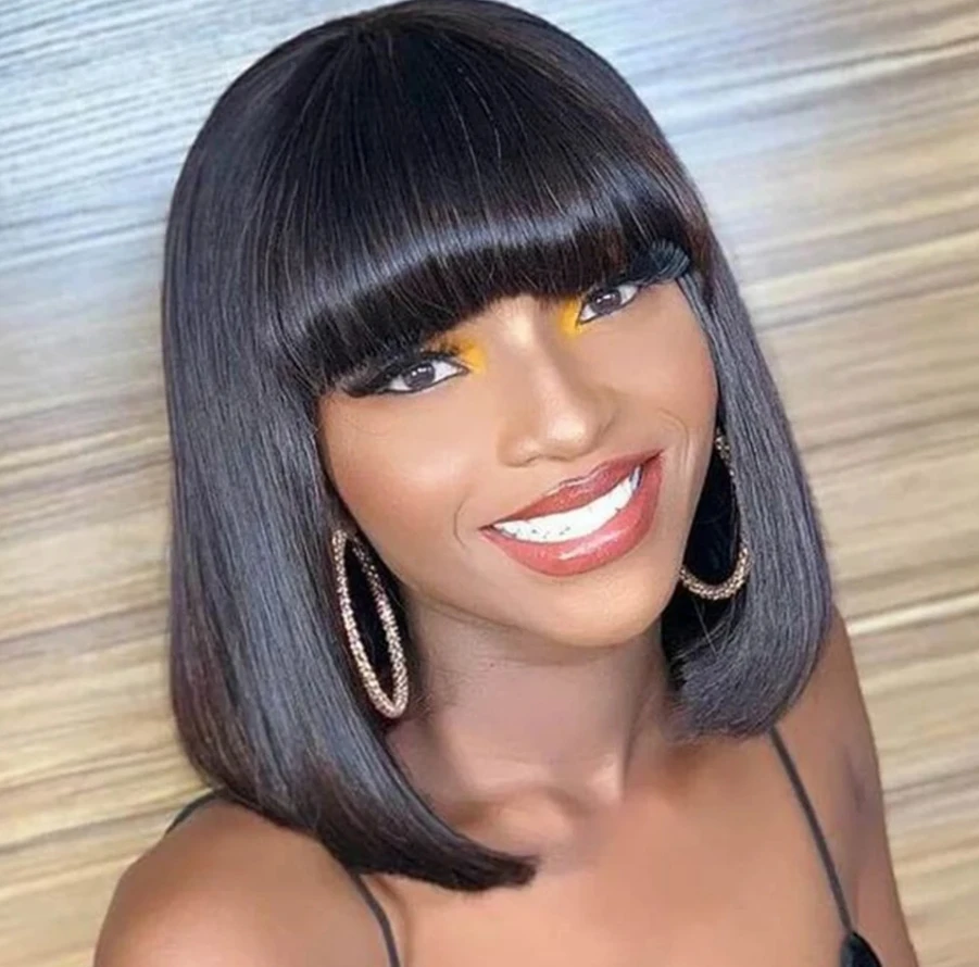 

Натуральные черные прямые парики, 100% человеческие волосы, парики для чернокожих женщин, предварительно выщипанные короткие волосы, парики машинной работы