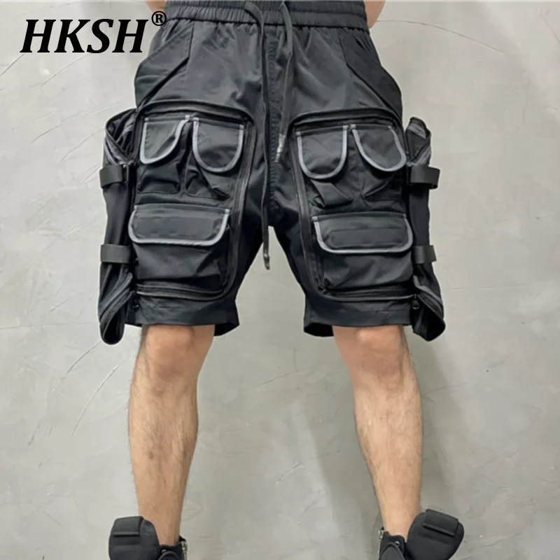 HKSH American Vintage Shorts Men\'s Tide Tactical Dark Large Pockets Spliced Knee Length Pants Fashion Loose Casual Capris HK1153