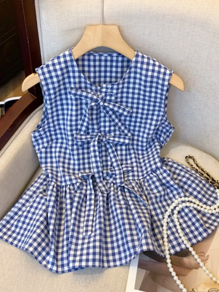 

Summer Blue Plaid Cotton Linen Sleeveless Shirt Women's Small Size Waist Cinched Vest Style Doll Shirt Top Outerwear