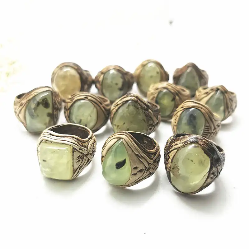 Vintage Ethnic Handmade Clay Rings Inlaid Natural Stone Lovely Rings Crystal Agates Labradorite R037