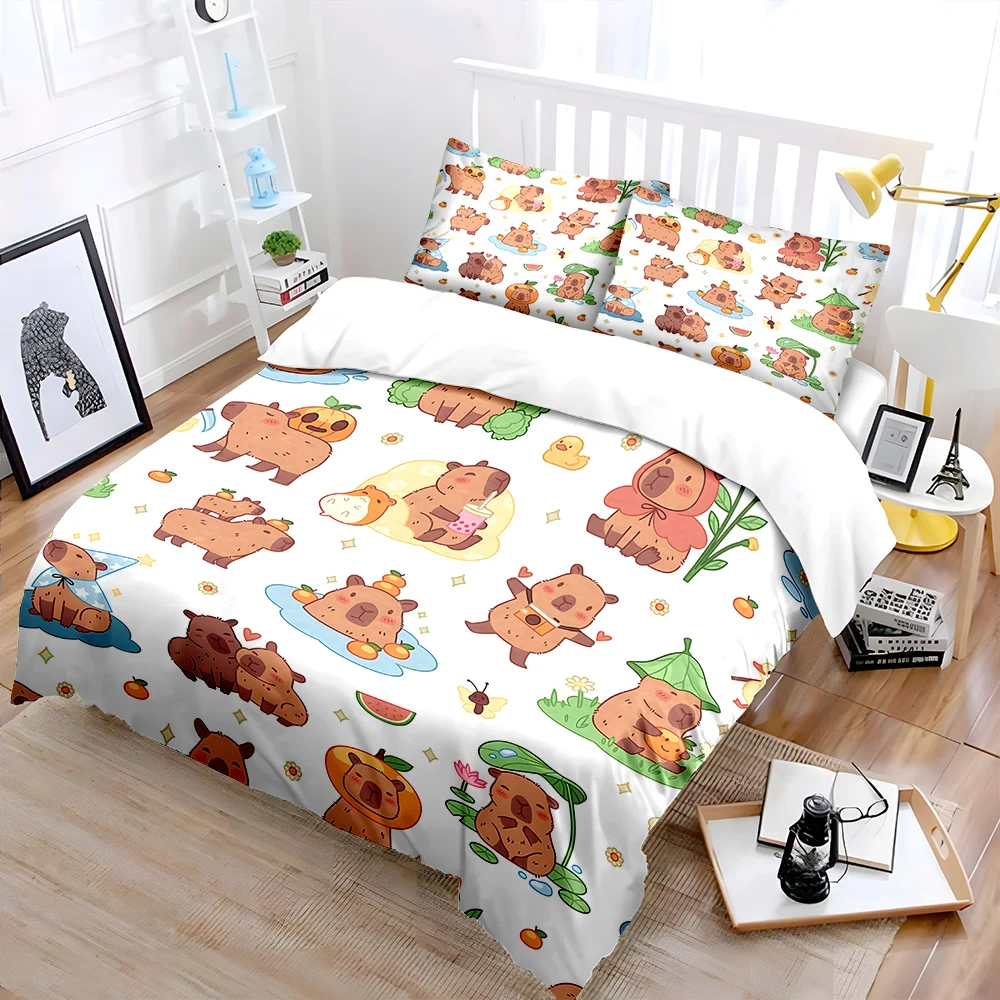 Cartoon capybara-themed illustration Print Bedding Set 1 Duvet Cover 2 Pillowcases for Adult and Children Luxury Gift Full Size