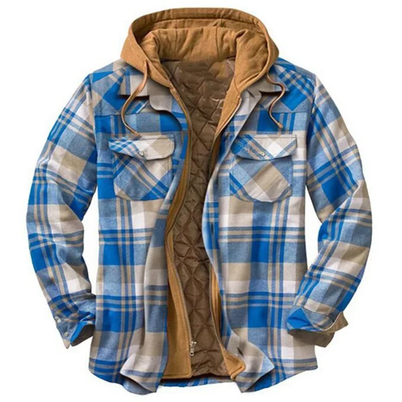 Men\'s Hooded Quilted Lined Fleece Shirt Jacket, Long Sleeve Plaid Button Up Jackets  Autumn and Winter Thick Coats