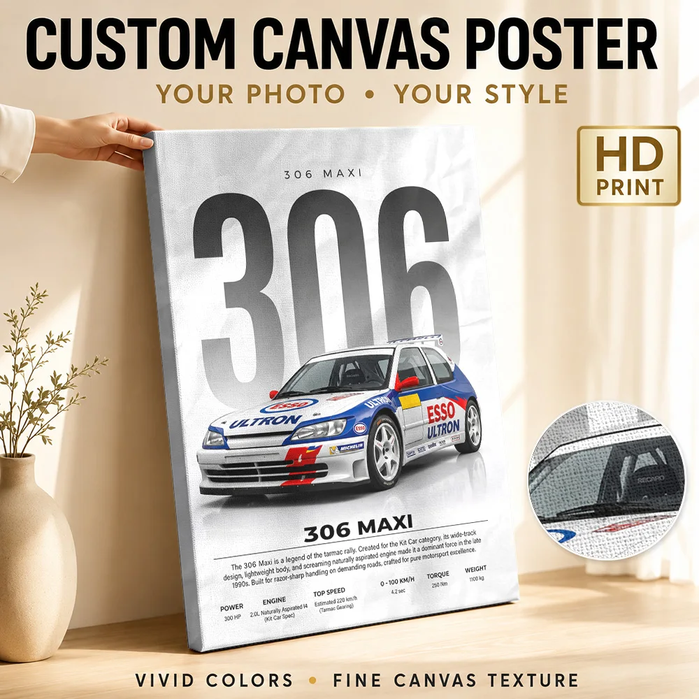 Sleek Race French 306 Maxi Rally Car Canvas Painting Poster Customized Photo Modern Aesthetic Garage Wall Paintings Decoration