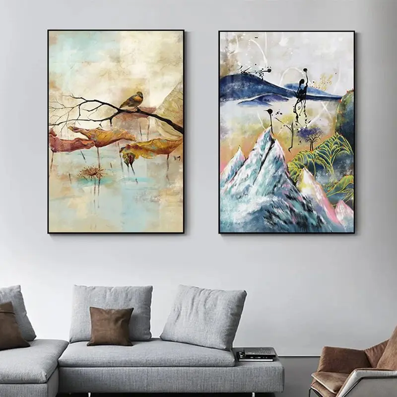 الصينية جدار الصورة اليابانية قماش اللوحة الأزرق جبل الأصفر الطيور الملصقات يطبع الفن الجدار التقليدي لديكور غرفة المعيشة #4
