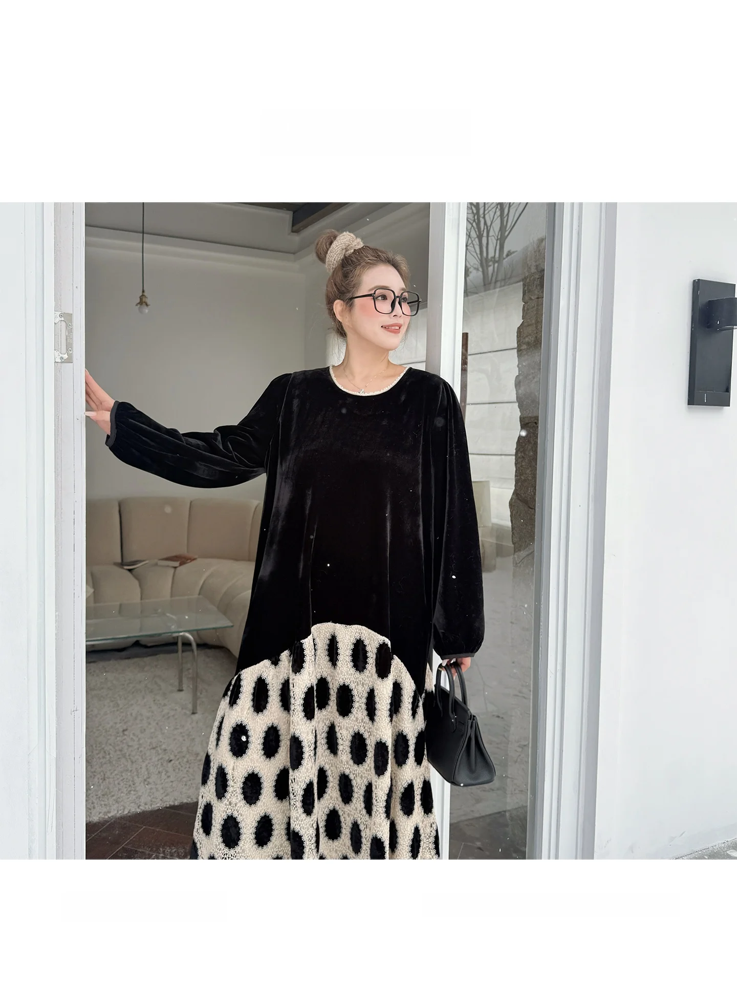 

Женское зимнее платье большого размера из бархата с кружевными вставками, имитация двух частей, свободный крой, высокая талия, длинный рукав, А-силуэт, юбка-платье