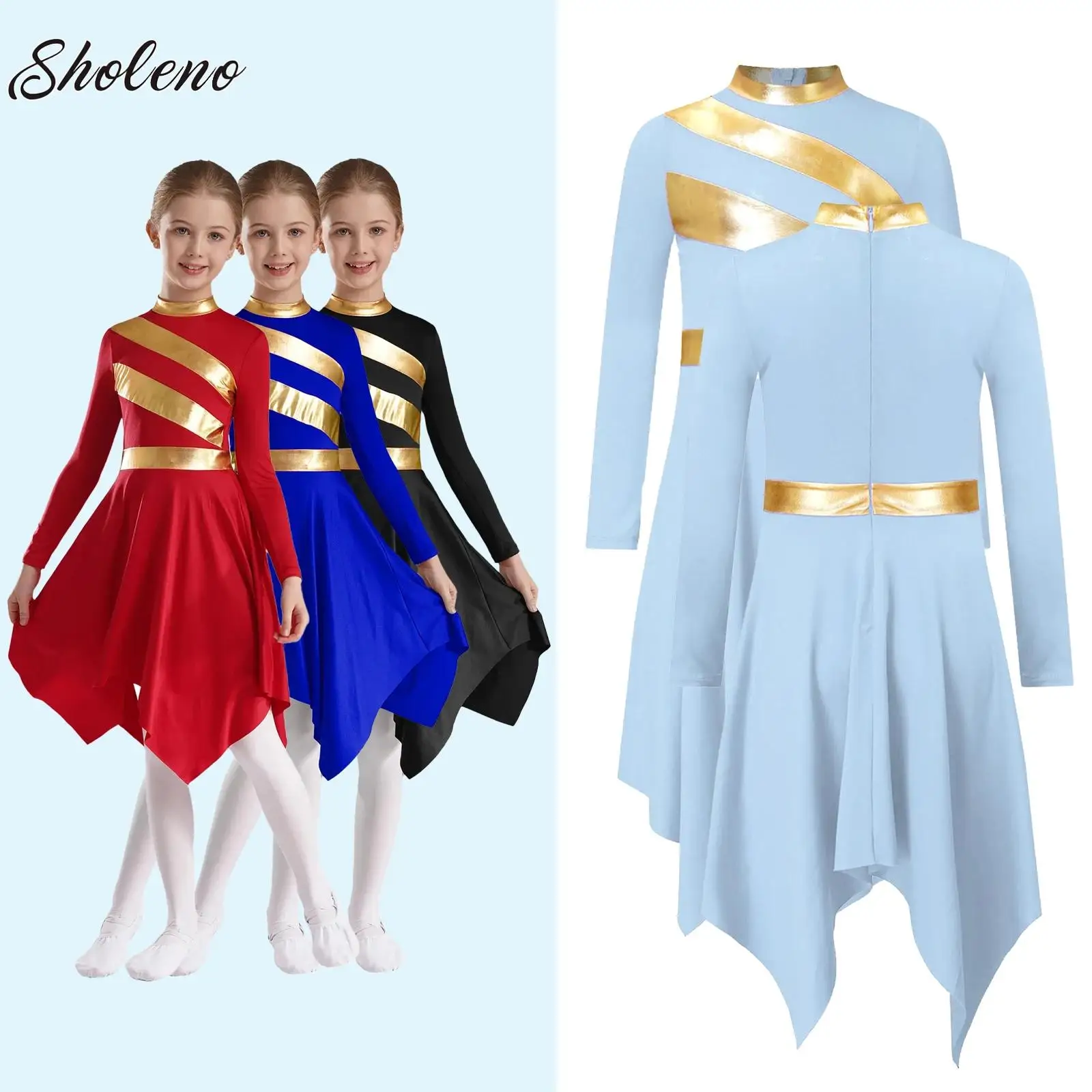 

Kid Praise Dance Dress Girl Long Sleeve Patchwork Lyrical Dance Dresses Church Worship Choir Dancewear Stage Performance Costume