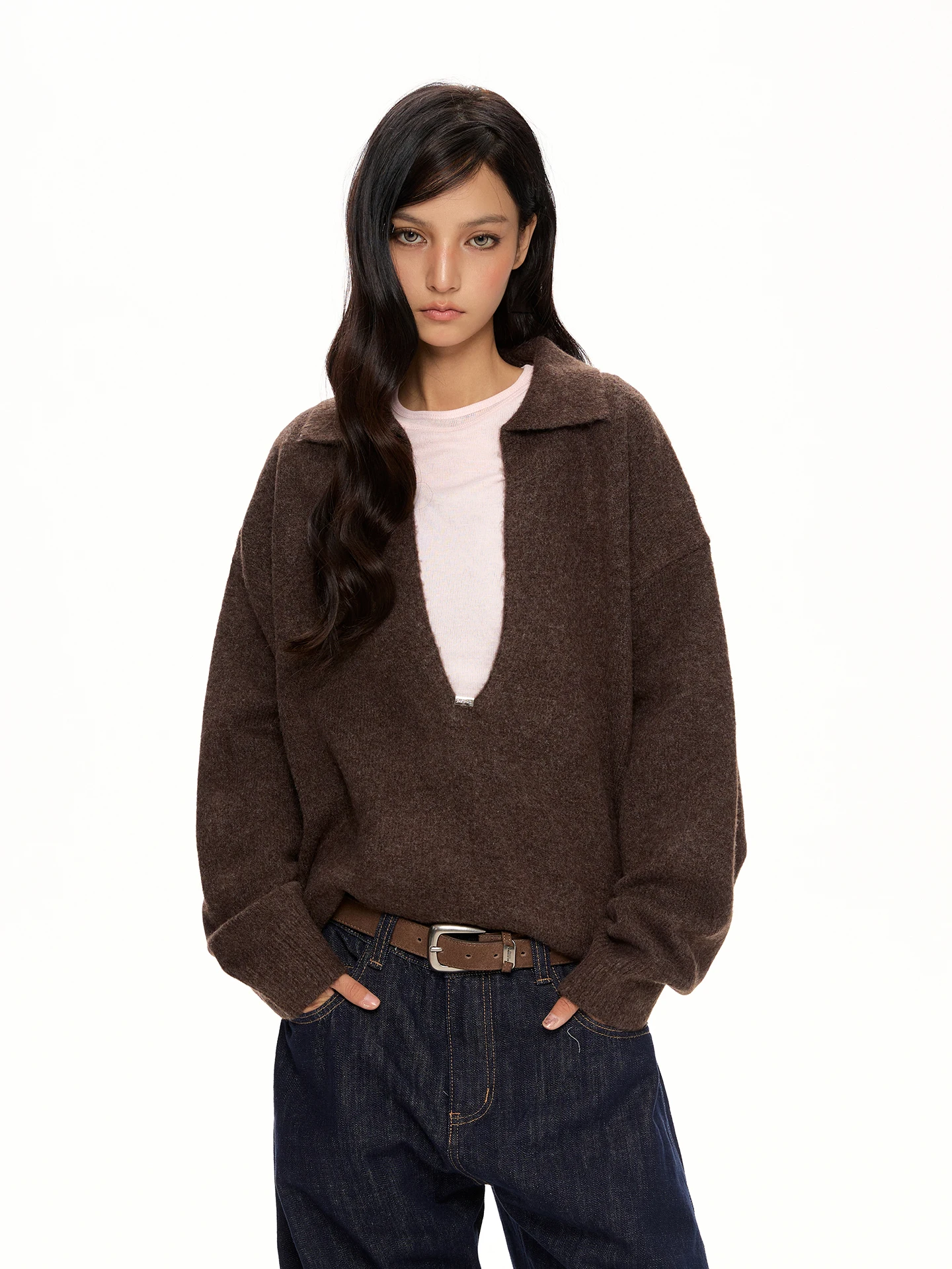 

Женский вязаный свитер из смесовой шерсти в американском ретро-стиле, кофейного цвета, с V-образным вырезом, свободный, повседневный, удобный, теплый, для осени и зимы