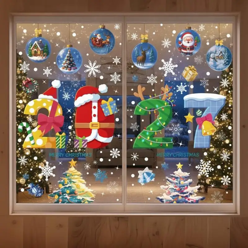 4/5 Sheets Snowman Reindeer Santa: Claus Christmas Tree Static Cling Decals 2027 Merry Window Stickers
