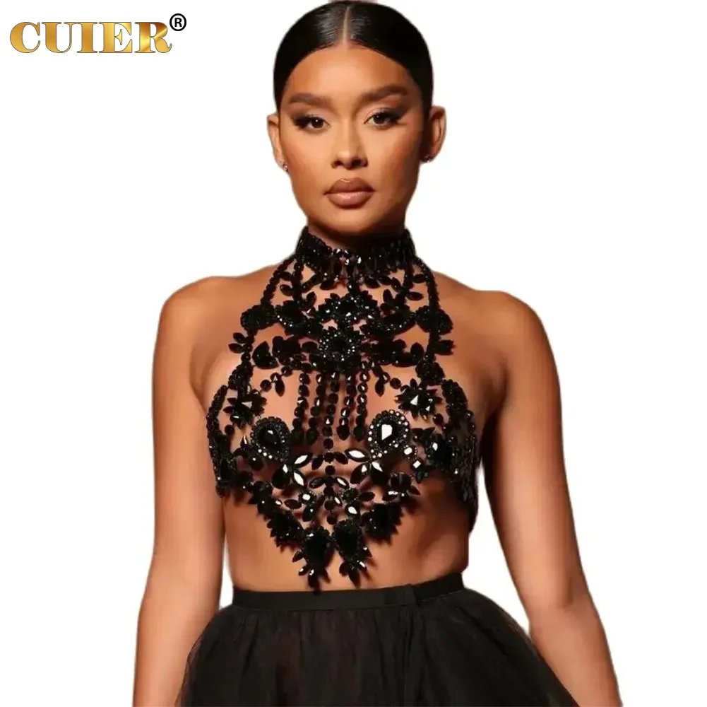 CUIER Luxurious Black Tops for Women Body Chain Jewelry Gun-black