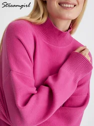 Streamgirl Winter Tops Women Oversized Sweaters Turtleneck Knitted Pullovers Solid Loose Jumper White Turtleneck Sweater Women