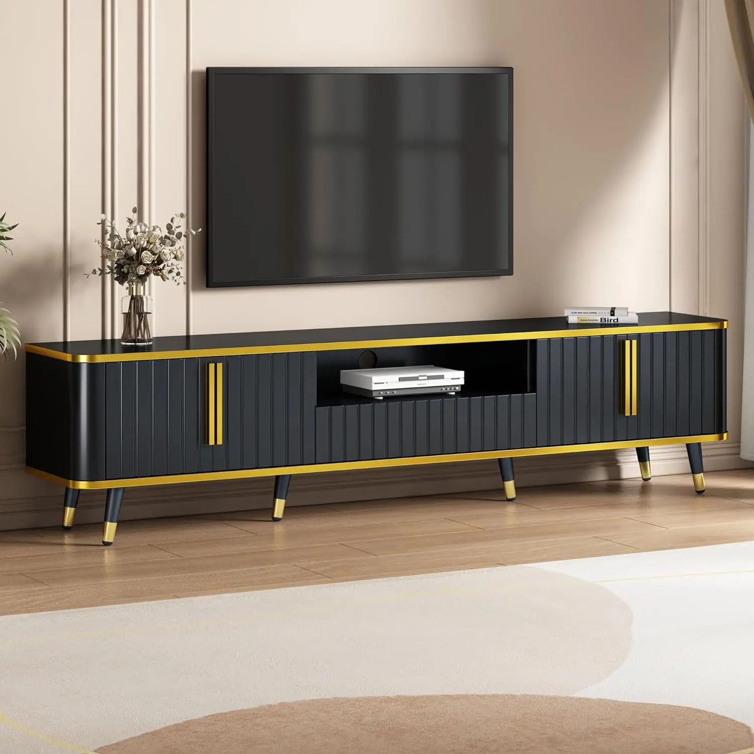 

Merax Luxury Minimalism TV Stand with Open Storage Shelf, Cabinets and Drawers, Entertainment Center for Televisions Up to 85"