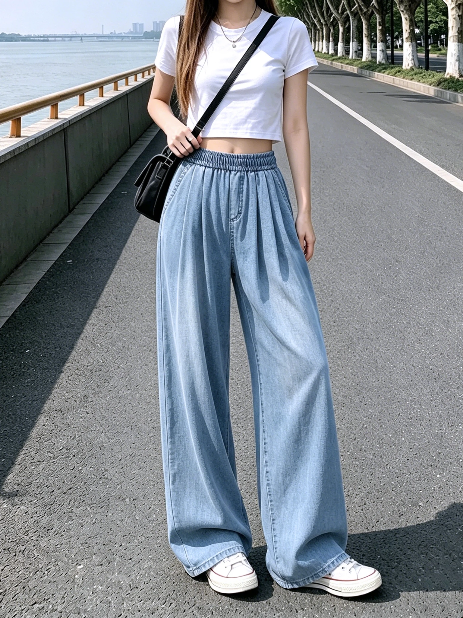 Vaqueros de verano para mujer Levis lavados, de pierna ancha, corte holgado y adelgazante, con cintura elástica, largo hasta el suelo, ajuste cómodo, talla estándar