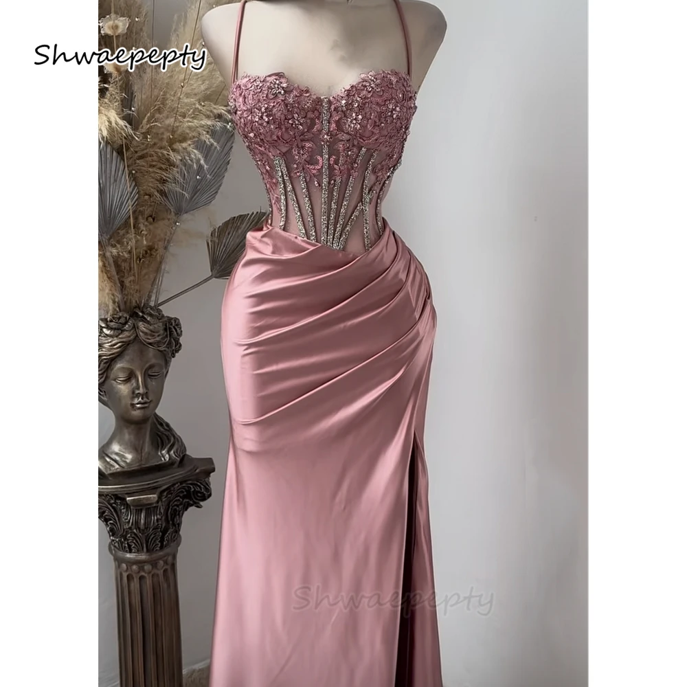 

Side Slit Long Prom Dress Floor Length Lace Applique Crystals Beaded Corset Pink Satin Spaghetti Straps Evening Gown Customized