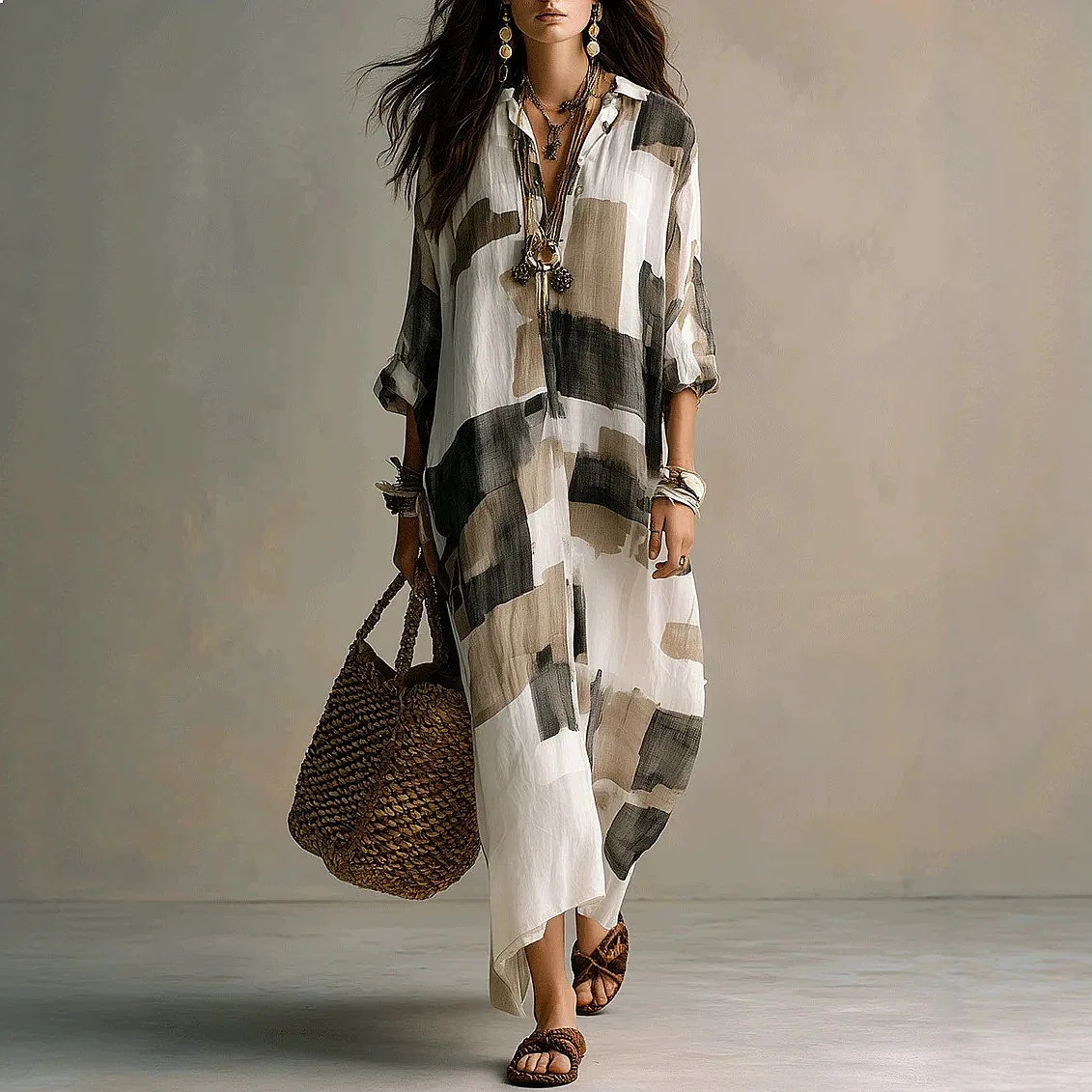 

Geometric Print Shirt Dress Long Sleeve Summer Dresses Casual Floral Maxi Dress Spring Summer Vacation Beachwear