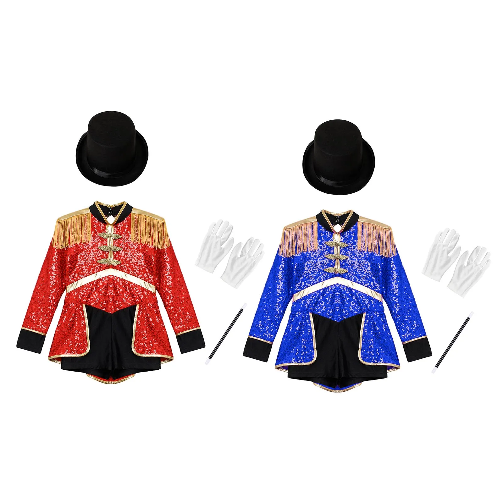 Disfraz de Halloween para niñas, estilo circo, de maestra de ceremonias, con lentejuelas, mono, sombrero, guantes y varita, conjunto de disfraz de domador de leones, mago o baterista