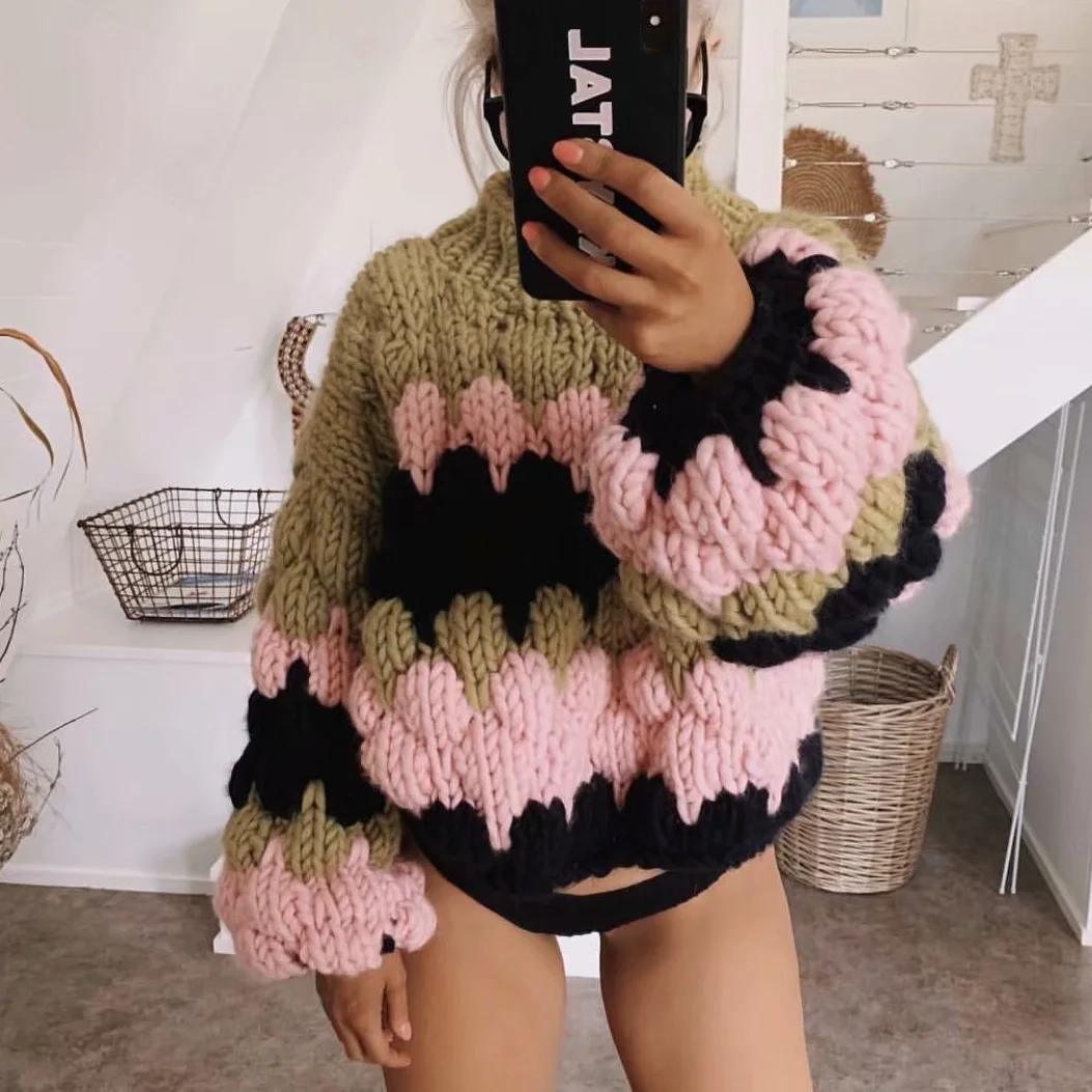 

Handmade Striped Contrast Color Loose 3D Hairballs Crocheted Pullovers Thick Balls Hooked Sweater Long Lantern Sleeve Tops