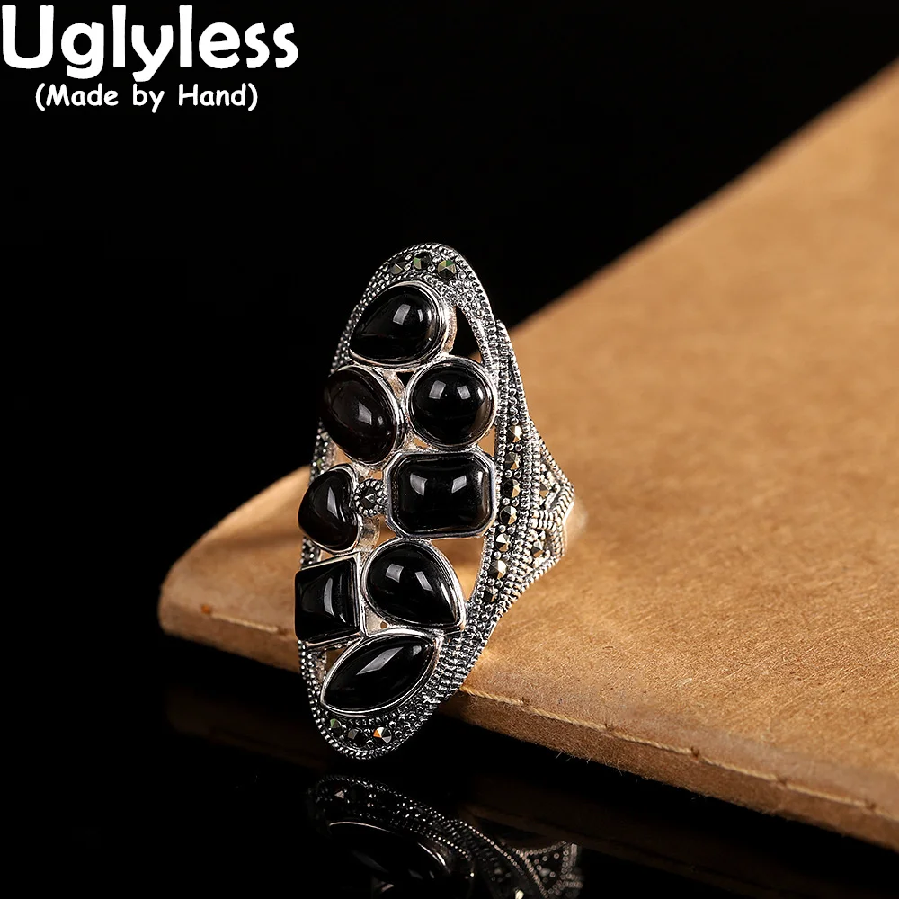 Uglyless Stunning Unusual Wide Women Rings Exaggerated Impressive Full Black Agate Rings 925 Silver Colorful Gemstones Rings