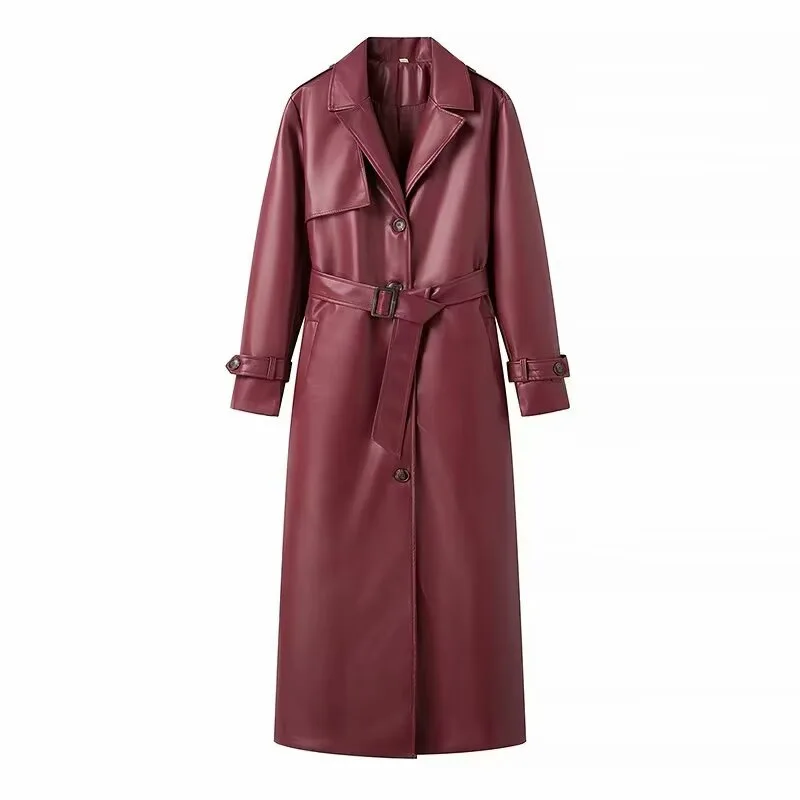 Wine Red Women New Fashion With Belt Long Style Single Breasted Faux Leather Coat Vintage Long Sleeve Pockets Female Outerwear