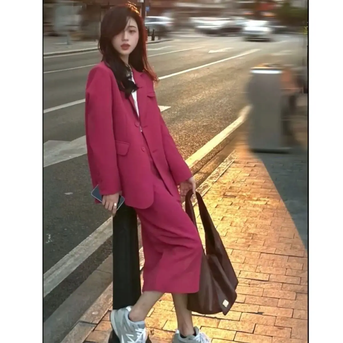 Women\'s Suit Skirt Set 2023 Early Autumn Light Mature Style Office Lady Rose Red   Elegant Two-Piece Blazer Dress