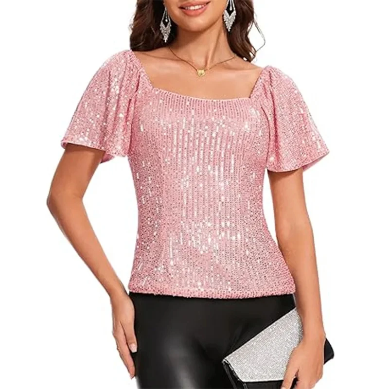 

Square Neck Short Sleeve Sequin Puff Sleeve Fashion Versatile Shirt Women Elegant Evening Style Versatile Commuting Vacation Top