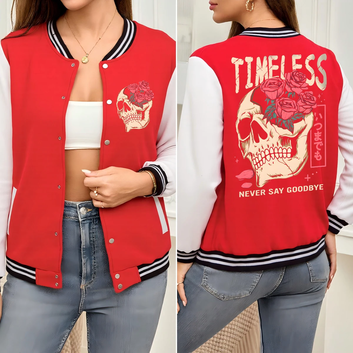 

Timeless Never Say Goodbye Flower Skull Print Women Jackets Casual Baseball Uniform Cotton Loose Sportswear Autumn Clothes