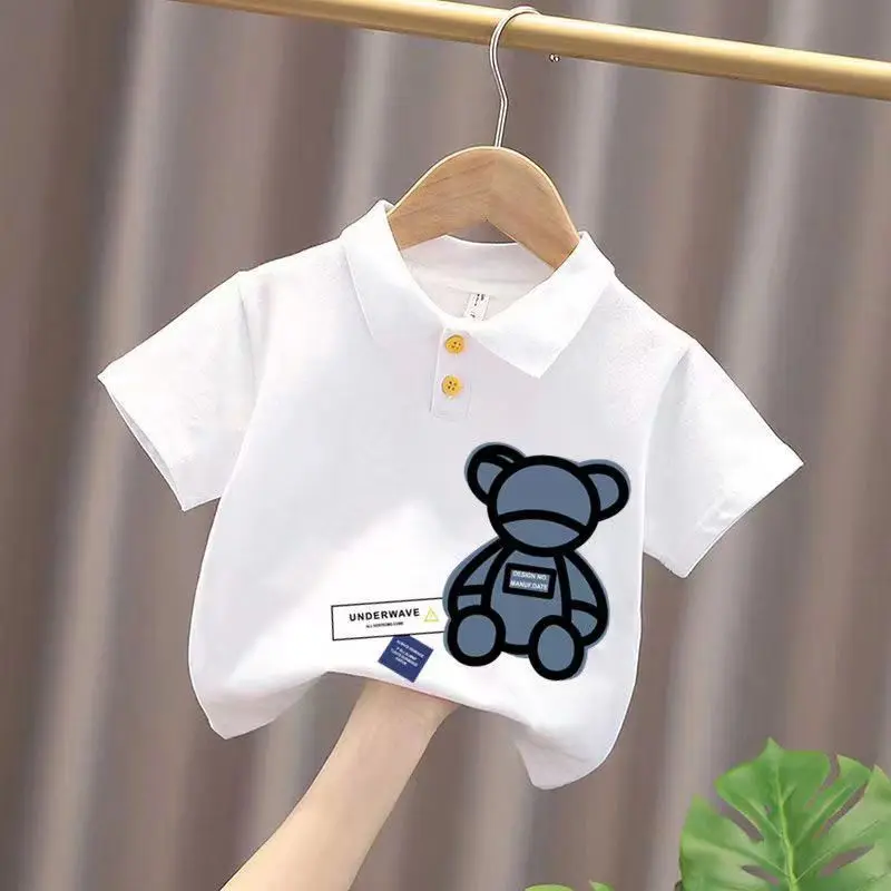 

Children Cotton Summer PoLo Shirt Child Cartoon Printed College Style Lapel Handsome Short Sleeved T-Shirt Trend Kids