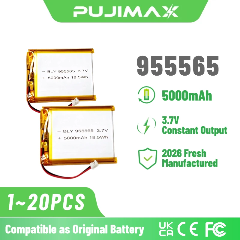 PUJIMAX 3.7V 5000mAh 955565 Durable Rechargeable Battery Lithium Polymer for GPS MP3/MP4/MP5 Wireless Headset PS4 Accessories