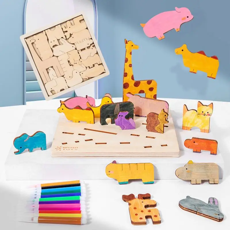 Puzzles d'animaux pour enfants, jeu d'association, kit de peinture, jeux d'apprentissage, puzzles en bois, jouets pour enfants